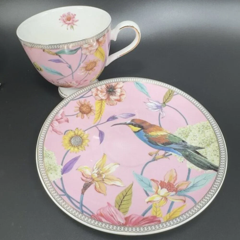 Shabby Chic‎ Fine Porcelain Teacup And Saucer Set Tea Cup Plate Pink Floral Bird